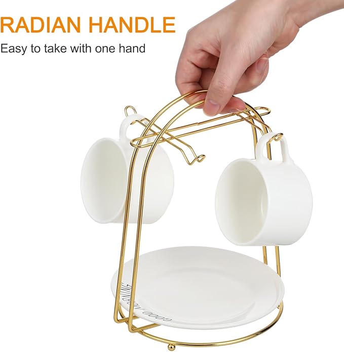 jojofuny Golden Mugs Display Holder Stand with 4 Hook: European Style Coffee Tea Cup Stand for Countertop - Mugs Rack Organizer for Home Bar Accessories