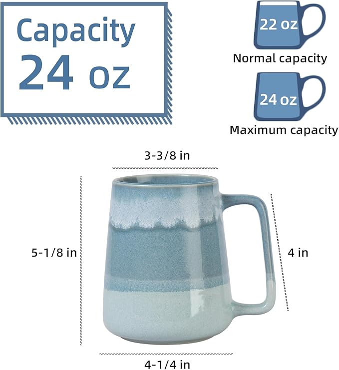 24 oz Large Ceramic Coffee mugs, Extra Large Tea and Coffee Cups, Large Handle Coffee Mug for Office and Home, Microwave and Diahwasher Safe. (24 oz light green)