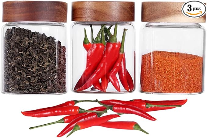 SAIOOL 3 Packs Glass Food Storage Jars with Screw Airtight Seal Acacia Wood Lids,Spice Jars with Lids, Organization for Jars Bottles Containers Travel Gear, Sugar, Salt,Coffee, cookies,spices
