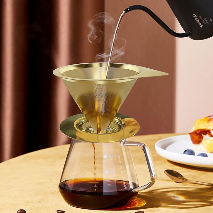LHS Pour Over Coffee Dripper Reusable Coffee Filter Paperless Coffee Filter Stainless Steel Pour Over Coffee Maker Cone Coffee Dripper for 1-2 Cup,Gold