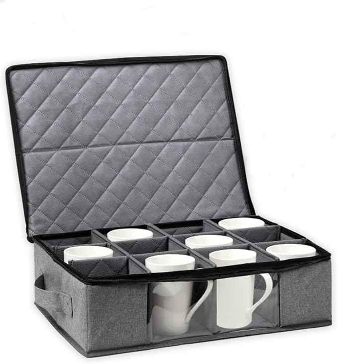 Boczif Coffee Cup Storage Box, Storage Containers Holds 12 Glassware, Coffee Mugs and Tea Cups, Padded Dinnerware Case with Dividers, Handles, Zipper & Lid, Stackable Holders for Plate, Cup, Flatware