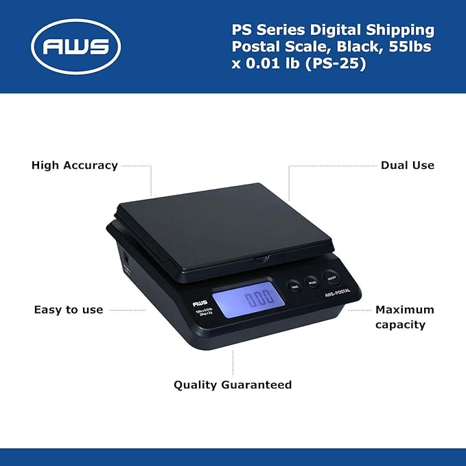 American Weigh Scales Digital Shipping Postal Scale, Package Postage ScaleBacklit LCD Screen55lbs. x 0.01lbs. (Black), PS-25