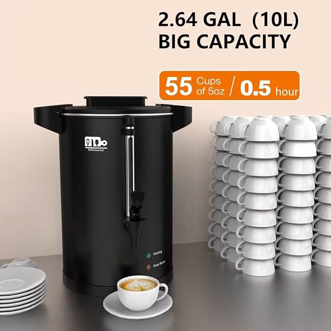 55-Cup 10L Commercial Coffee Urn, Festa Essential 750W Double Wall Large Percolate Coffee Maker Stainless Steel Hot Water Urn Dispenser with Double Dripless Faucet, Quick-Brewing for Catering, Black