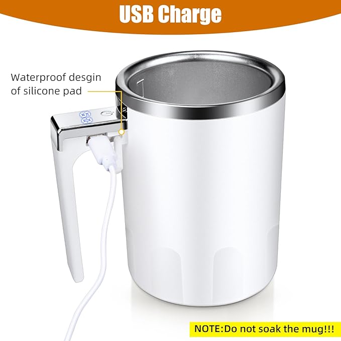 Self Stirring Coffee Mug: 2025 New Rechargeable Auto Magnetic Stirring Mixing Mug with Temperature Display,13oz Stainless Steel Travel Coffee Cup for Office, Home, Kitchen, Best Gift (White)