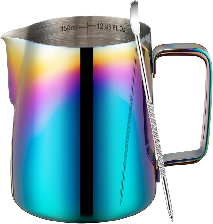 Milk Frothing Pitcher, 12 oz Milk Frother Cup with Clear Scale, 304 Stainless Steel Cappuccino Espresso Machine Accessories for Barista Coffee Bar with Latte Art Pen, Multicolor