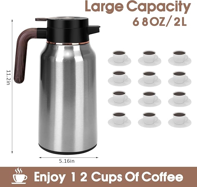 68oz Thermal Coffee Carafe, Stainless Steel Carafes for Hot Liquids 24 Hours, Insulated Coffee Carafes For Keeping Hot Coffee, Hot Water, Tea, Hot Beverage (2 Pack Silver)