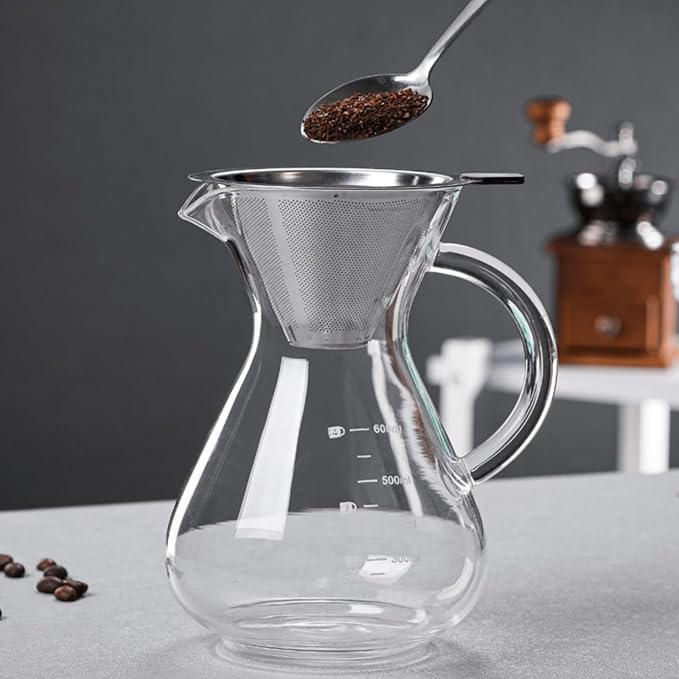 34oz Pour Over Coffee Maker with Stainless Steel Filter, Thickened Heat-Resistant Borosilicate Glass Dripper & Carafe, Stovetop Safe Hand Coffee Brewer with Handle for Home, Office, Camping (34oz)
