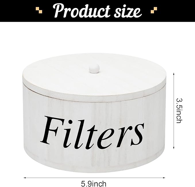 Chunful Coffee Filter Container Wooden Coffee Filter Storage Holder with Lid Farmhouse Bar Accessories Rustic Station Organizer for Storing Various Papers Tea Bags Beans, White