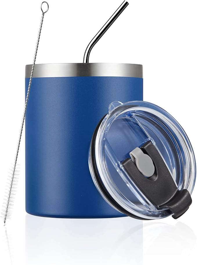 MEWAY 12 oz Lowball, Tumbler Stainless Steel Double Wall Vacuum Insulated Mug with Straw and Lid, Cleaning Brush ，Durable Powder Coated Insulated Coffee Cup for Cold & Hot Drinks (Navy, 12 pack)