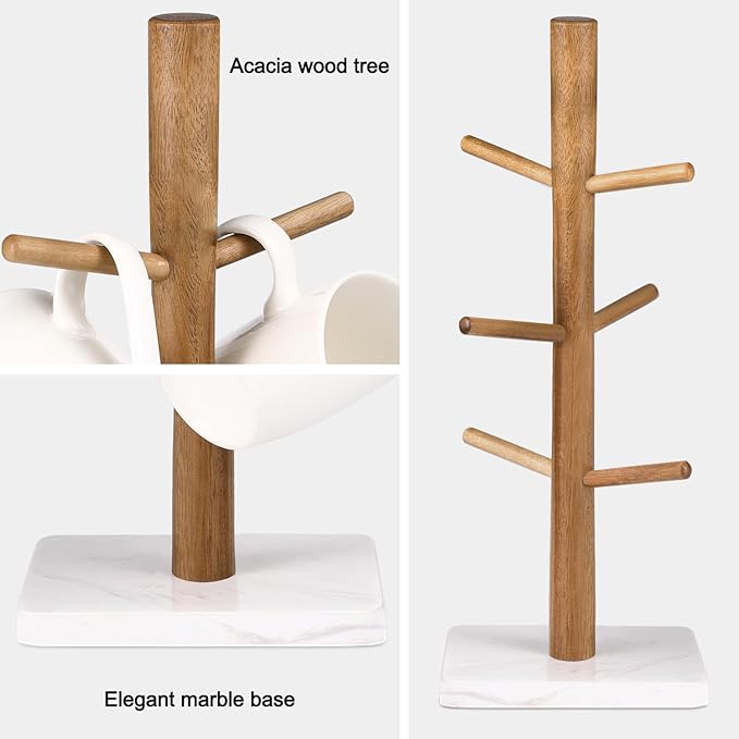 Buruis Wood Mug Holder, Marble Base Cup Rack Tree, Cup Stand Hanger, Kitchen Coffee Mug Tree Countertop Tea Cups Holder Stand, Coffee Mugs Dryer with 6 Hooks, White