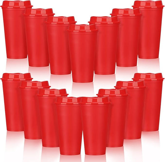 Domensi 15 Pack Reusable Coffee Cups with Lids 16 oz Disposable Travel Cups Bulk Plastic to Go Coffee Tumblers for DIY Hot Cold Drink Party Favors Coworker, Microwaveable (Red)