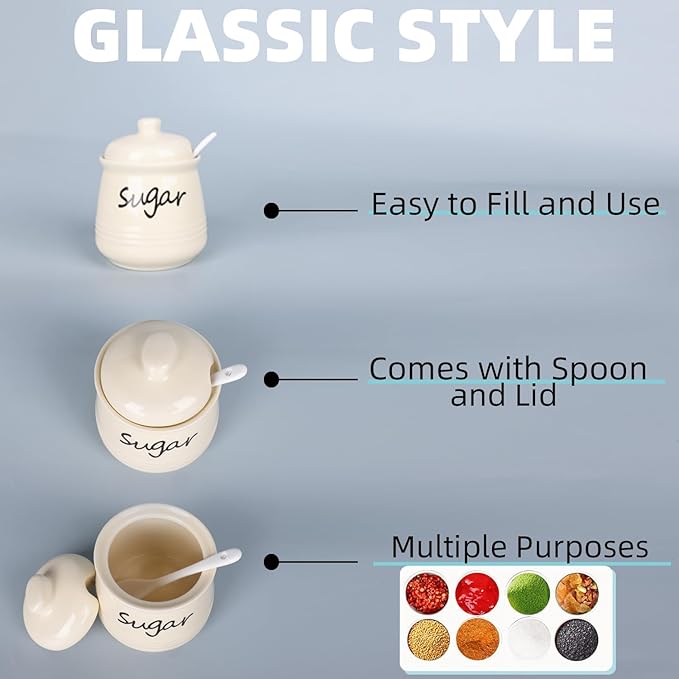 HAOTOP 12oz Sugar Bowl with Lid and Spoon,Ceramic Sugar Jar Sugar Dispenser Sugar Container Coffee Bar Accessories, Kitchen Countertop Canisters, Beige