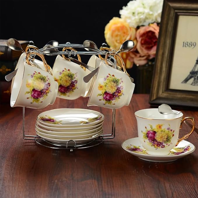 YY YEARCHY Coffee Mug Holder, Espresso Cups Holder Cup Drying Rack Cups Drainer Stand Metal Mug Tree Cups Organizer with 6 Hook Hangers for Kitchen Counter and Tea Party(7.48 * 8.27", Sliver)