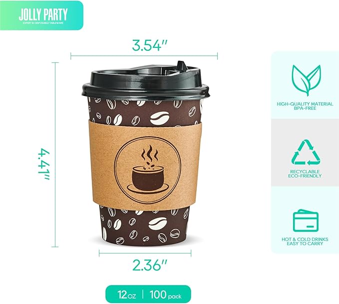 JOLLY PARTY Disposable Coffee Cups with Lids, Sleeves and Straws - 12oz(100 Pack) Paper Coffee Cups with Lids, Hot Cup for Shops, Cafes, and Concession Stands(Dark Brown)