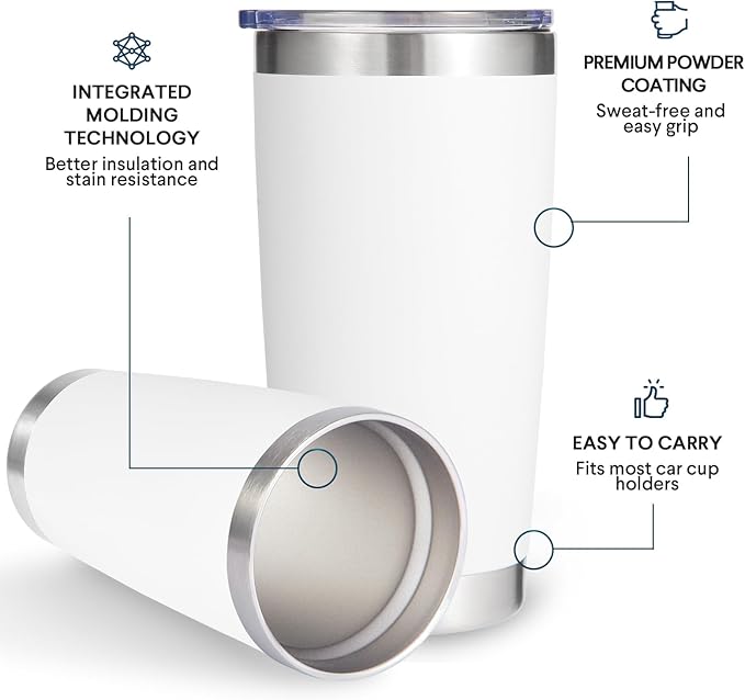 Volhoply 20oz Stainless Steel Tumbler with Lid and Straw Bulk 24 Pack,Double Wall Insulated Travel Iced Coffee Mug Fits Cup Holder,Powder Coated Cups for Hot/Cold Drinks,Christmas Gifts（White,24 Set）