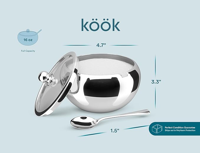 KooK Sugar Bowl with Lid and Spoon, Container with Lid, for Salt, Coffee, Holds 2 Cups, Dishwasher Safe, Stainless Steel, 16 Oz
