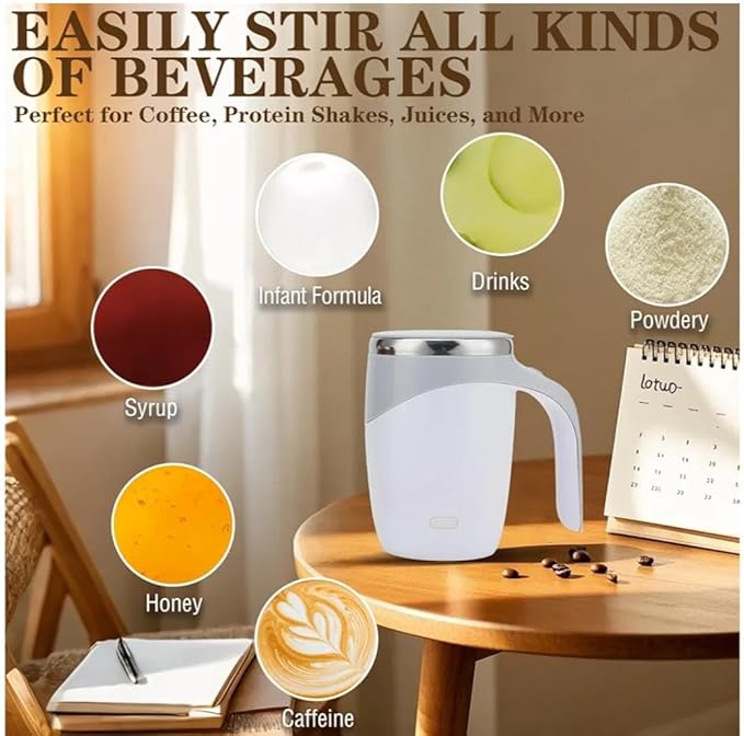 NexUp Goods USB Rechargeable Self Stirring Coffee Mug, Magnetic Mixing Travel Cup with Lid, 12oz Stainless Steel Auto Stirring Mug for Coffee, Tea, Hot Chocolate, Protein Shakes, Home or Office Gift