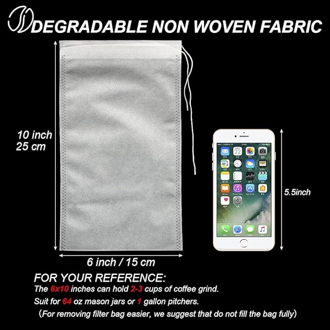 50pcs No Mess Cold Brew Bags, 6x10 inch Disposable Coffee Filter Bag Fine Mesh Brewing Drawstring Pouches for Iced Coffee Hot Tea Herb Spice
