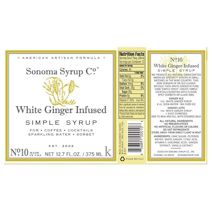 Sonoma Syrup Co. White Ginger Infused Simple Syrup 12.7 fl oz | for Cocktails, Tea, and Baking | Hand Crafted in the USA