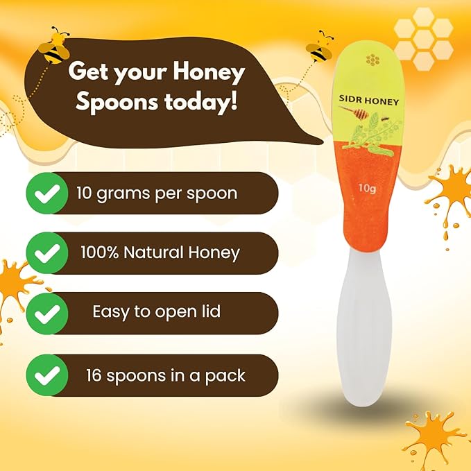 Mountain Sidr Liquid Honey Spoons 160g (Pack of 16 x 10g), 100% Natural Unheated, Unfiltered, Unpasteurized Raw Honey Spoons for Coffee, Tea and Snacks