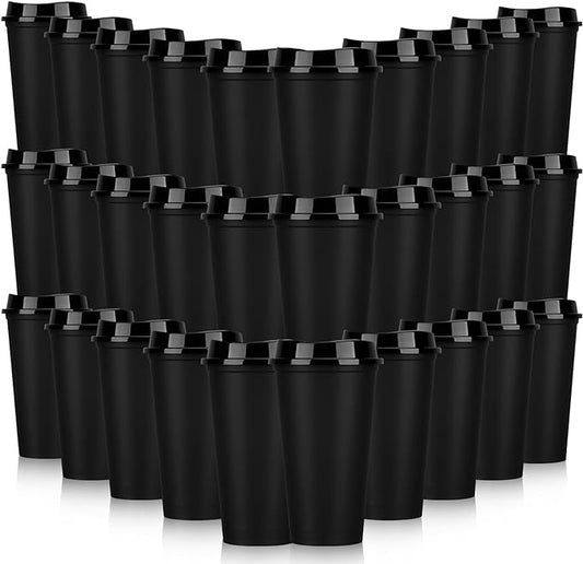 Domensi 30 Pack Reusable Coffee Cups with Lids 16 oz Disposable Travel Cups Bulk Plastic to Go Coffee Tumblers for DIY Hot Cold Drink Party Favors Coworker, Microwaveable (Black)