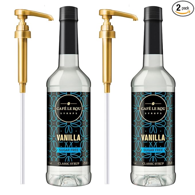 Two 25.4 oz bottles of Cafe Le Rou sugar-free vanilla syrup with two gold pump dispensers