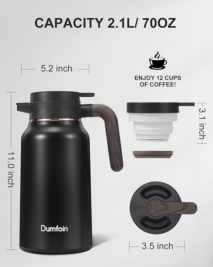 Carafes for Hot Liquids 70 oz - 12 Hour Stainless Steel Thermal Coffee Carafe-Insulated Coffee Carafes For Keeping Hot/Cold Coffee, Tea, Water, Drink Dispenser for Parties(2 Black)