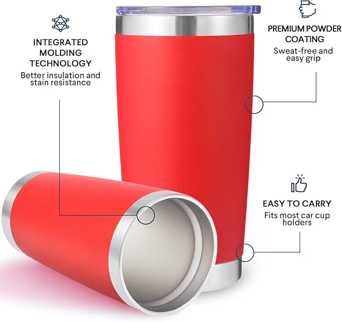 Volhoply 20oz Stainless Steel Tumbler with Lid and Straw Bulk 8 Pack,Double Wall Insulated Travel Iced Coffee Mug Fits Cup holder,Powder Coated Cups for Hot/Cold Drinks,Christmas Gifts（Red,8 Set）