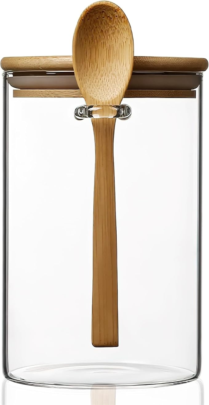 25 oz/750 ml Glass Storage Canister with with Airtight Lid, Cute Clear Decorative Container Jar with Wooden Spoon for Coffee Spice Candy Salt Cookie Condiment Sugar Matcha Tea Overnight Oats