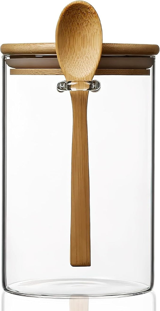 25 oz/750 ml Glass Storage Canister with with Airtight Lid, Cute Clear Decorative Container Jar with Wooden Spoon for Coffee Spice Candy Salt Cookie Condiment Sugar Matcha Tea Overnight Oats