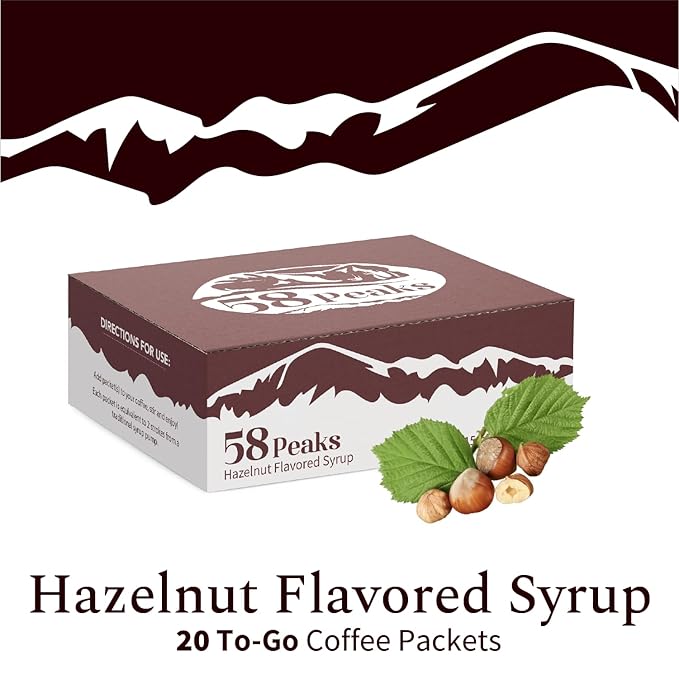 58Peaks Hazelnut Flavored Syrup Sweetener Packets for Hot and Cold Drinks | To-Go Syrup Flavoring Perfect for Coffee, Tea, Milkshake and More | Flavored Coffee Syrups for Travel | 15mL | 20-Pack