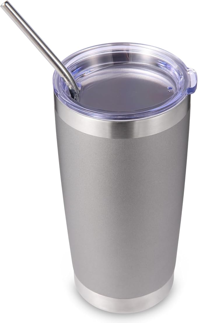 Volhoply 20oz Stainless Steel Tumbler with Lid and Straw,Double Wall Insulated Travel Iced Coffee Mug Fits Car Cup holder,Powder Coated Cups for Hot and Cold Drinks,Gifts for Women Men（Gray,1 Set）