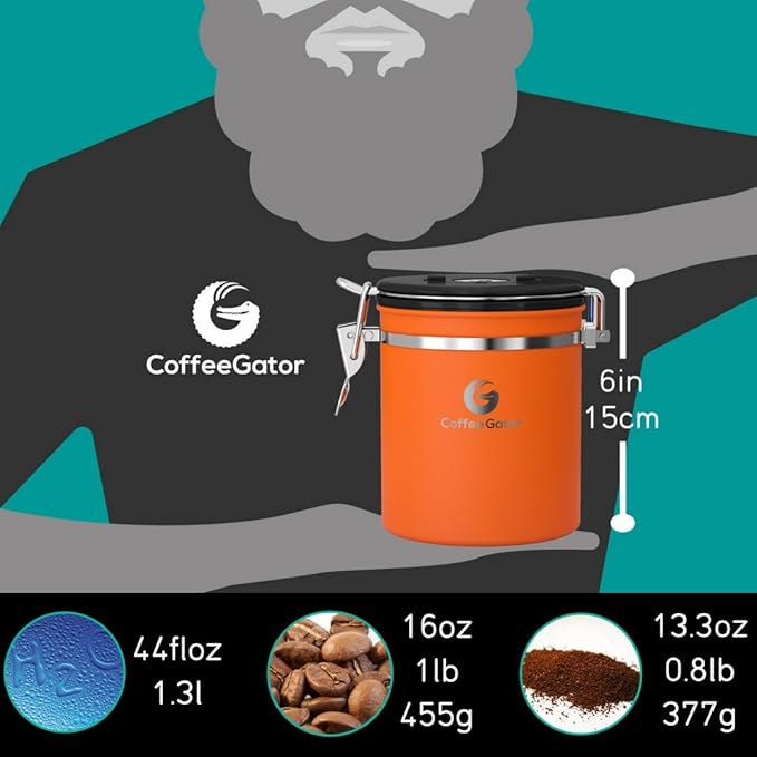 Coffee Gator Coffee Canister, 16oz Airtight Stainless Steel Kitchen Food Storage Container with Date Tracker, Scoop for Sugar,Grounds Coffee, Beans,Tea, Sugar, Cereal, Flour, Cookies Jars - Orange