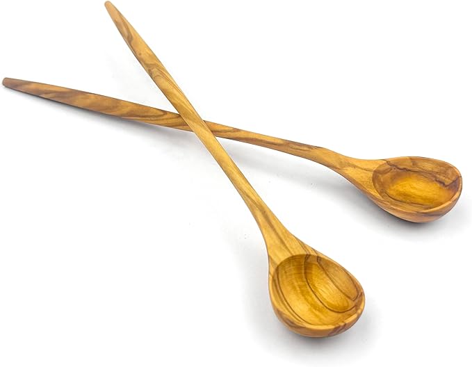 WONDERFUL 100% Natural Olive Wood Long Handle Spoons for Coffee, Tea, Milkshake Kitchen Stirring, Cocktail Stirrer; Mixing Honey Spoon, Chef Tasting Spoons(2 pcs)