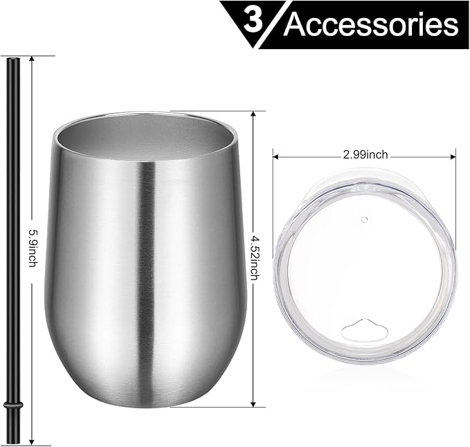 VEGOND Wine Tumblers Bulk 12 Pack, 12oz Stainless Steel Stemless Wine Glass with Lids and Straws, Double Wall Vacuum Insulated Tumbler Cup, Coffee Mug for Cold Hot Drinks