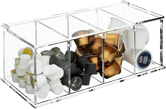 Coffee Capsule Holder Acrylic Box K Cup Holder Coffee Pod Storage Clear Acrylic 4 Compartment with Lid Organizer Coffee Bar Accessories