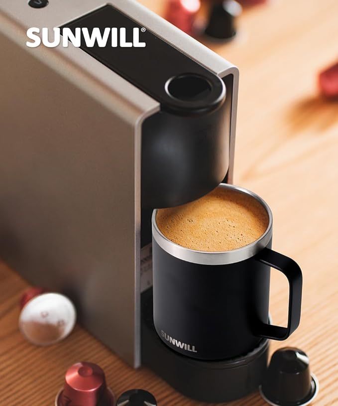 SUNWILL Travel Coffee Mug with Lid, Insulated Tumbler with Handle, 14oz Stainless Steel Cup for Camping, Outdoor, Powder Coated Black