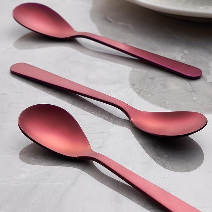 Matte Purple Demitasse Espresso Mini Teaspoons and Sugar Spoons, Stainless Steel Satin Finish, 4.7-inch, Set of 6