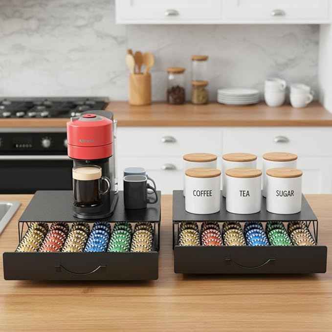 HFHOME Coffee Pod Drawer, 48 Vertuoline Coffee Pods Holder, Pods Storage Drawer Holder for 36 K Cup, Metal Coffee Station for Nespresso Vertuo Capsules for Home Office Counter, Black