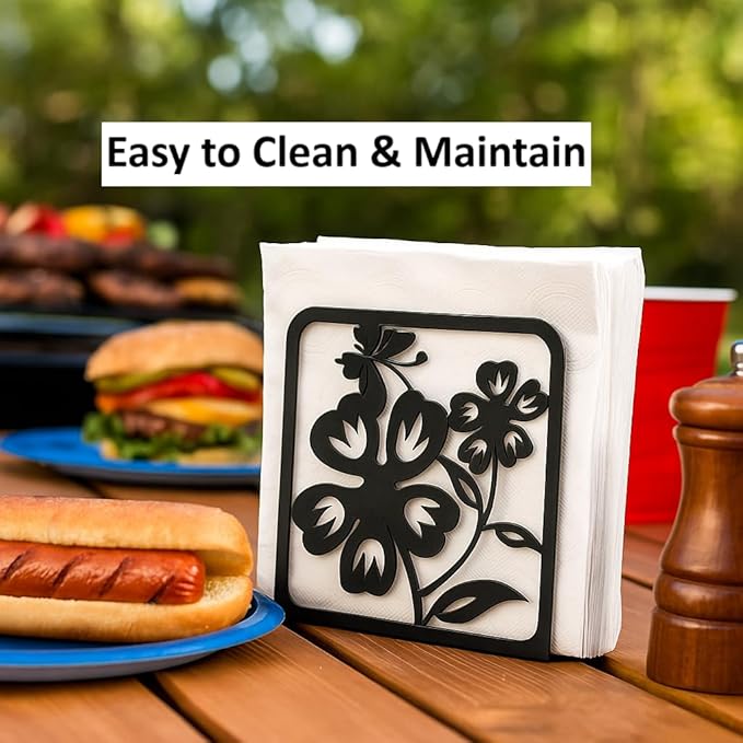 Decorative Metal Napkin Holder Set – Cat & Floral Design – 2 Sizes for Everyday & Cocktail Napkins – Black Modern Kitchen Coffee Filter Holder for Size #2 & #4 coffee filters.