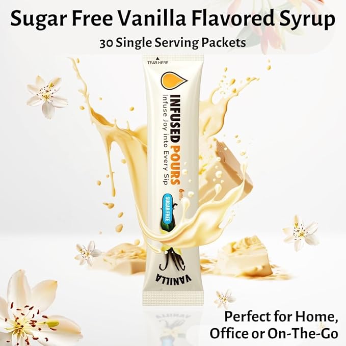 Single Serving Sugar Free Vanilla Syrup Packets for Coffee and Cocktails - 6mL Each, 30 Count - Bag of Syrups by Infused Pours (6mL, Sugar Free Vanilla)