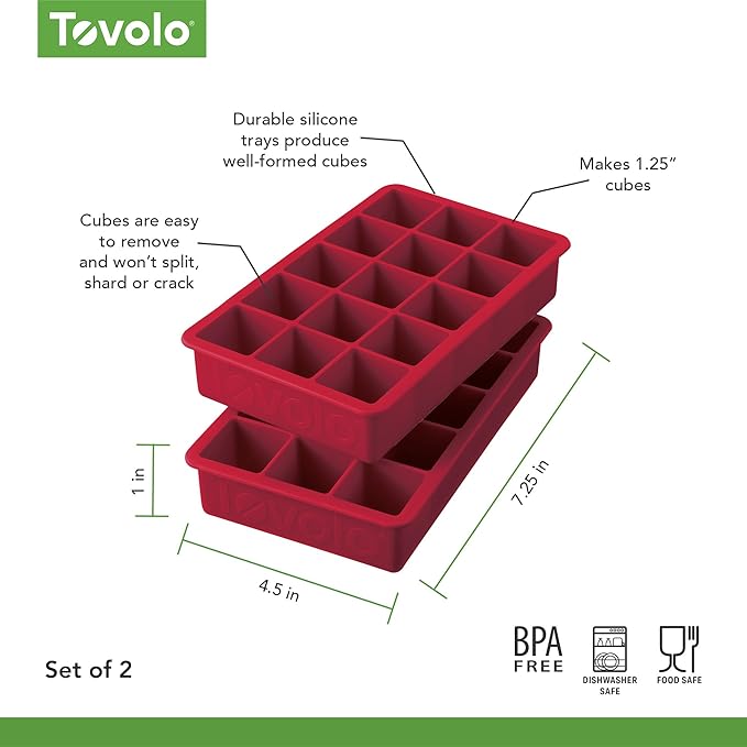 Tovolo Silicone Ice Cube Tray Cayenne Red Pack of 2 BPA Free Ice Tray Mold for Coffee Drinks Cocktails, Dishwasher Safe Easy Release Perfect 1 Inch Cube Ice Tray for Whiskey Bourbon Spirits