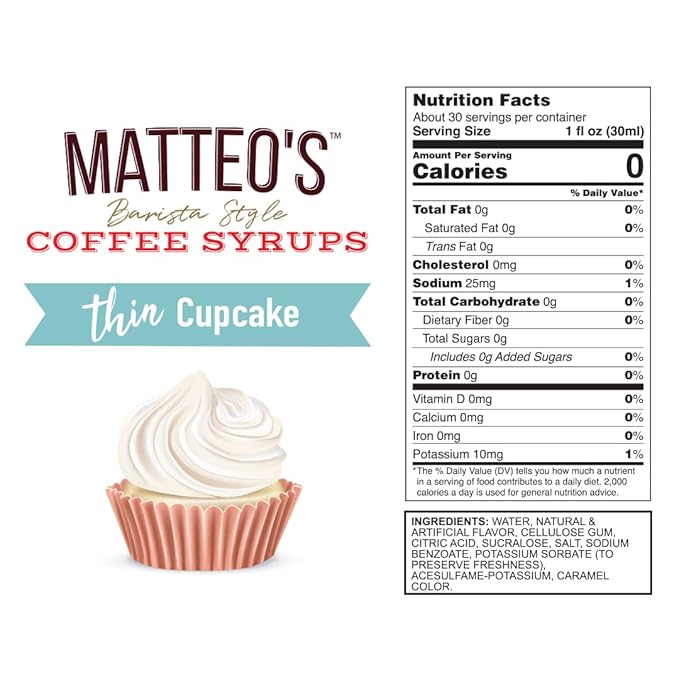 Matteo's Cupcake Syrup for Coffee, Lattes, Cappuccinos & Desserts – Sugar-Free Sweetener for Beverages, Keto Friendly, Zero Calories, Indulgent Flavor, Non-Alcoholic, Ideal for Hot Drinks 33.8oz (1pk)