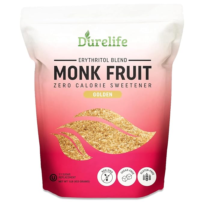 Durelife Golden Monk Fruit Sweetener, 1:1 Sugar Replacement, Keto Diet Friendly, Zero Calorie, Kosher Sugar Substitute, Golden - 1 lb (Packaging May Vary)