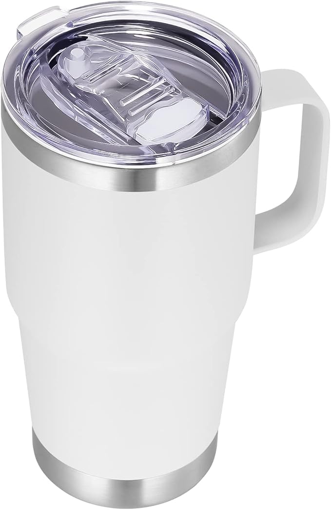 VEGOND 20 oz Tumbler with Handle Lid and Straw, Stainless Steel Insulated Travel Coffee Mug Spill Proof Double Wall Metal Tumbler Cup Keeps Drink Hot and Cold, White 1 Pack