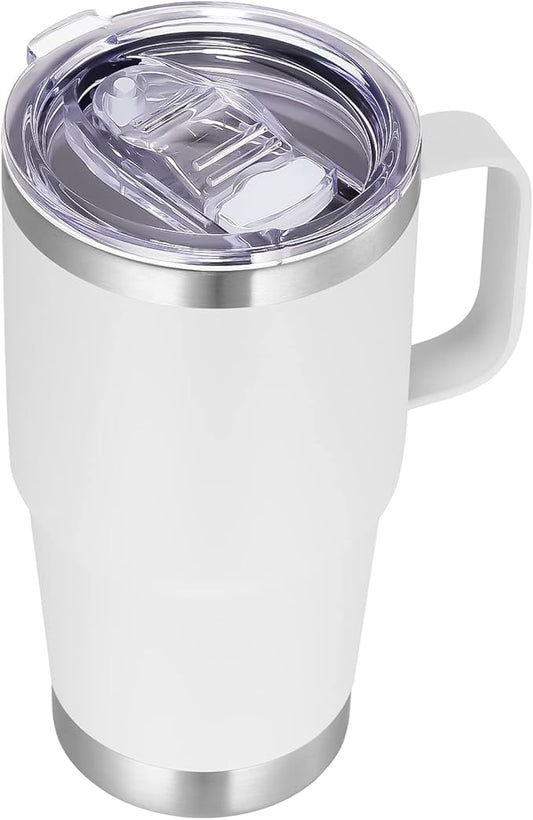 VEGOND 20 oz Tumbler with Handle Lid and Straw, Stainless Steel Insulated Travel Coffee Mug Spill Proof Double Wall Metal Tumbler Cup Keeps Drink Hot and Cold, White 1 Pack