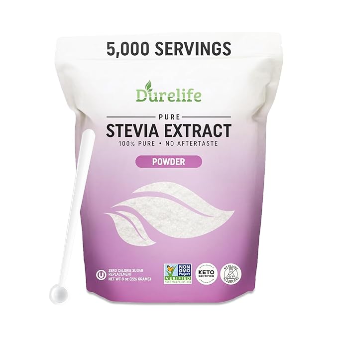 Durelife 100% Pure stevia extract sweetener 8 oz | No Erythritol, NON-GMO Project Verified, No Fillers, Zero Calorie Sugar Substitute | No Aftertaste | Micro-Spoon Included | 8 oz