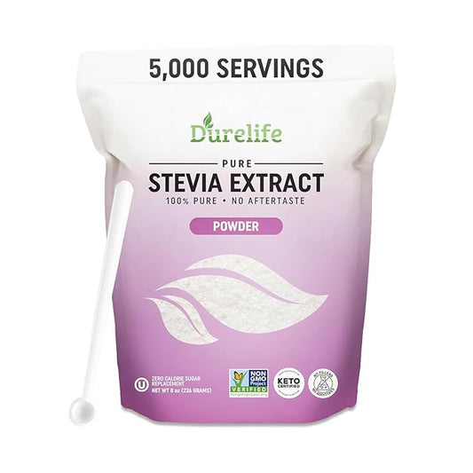 Durelife 100% Pure stevia extract sweetener 8 oz | No Erythritol, NON-GMO Project Verified, No Fillers, Zero Calorie Sugar Substitute | No Aftertaste | Micro-Spoon Included | 8 oz