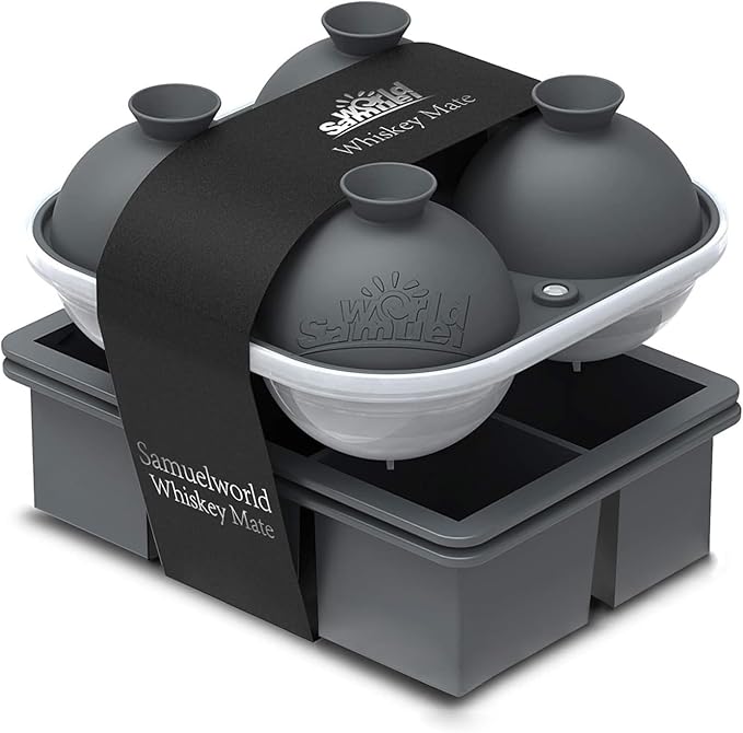 Samuelworld Premium Ice Tray Combo (3 Pack), Large Ice Sphere Maker & New Upgraded Ice Cube Trays, Food Grade, Easy To Use, Spill-Free Integrated Funnels, Whiskey Bourbon Cocktails, Grey