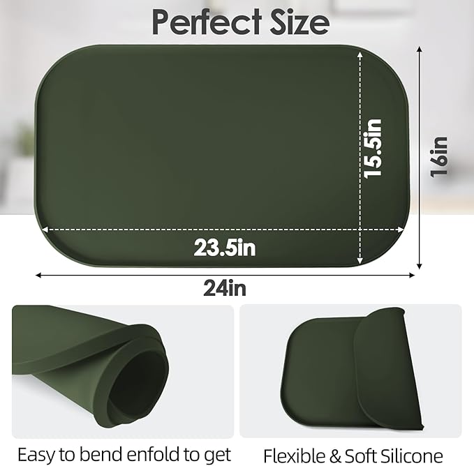 Silicone Coffee Maker Mat with Lip, 24'' x 16'' Heavy Duty Coffee Maker Mat for Countertops, Coffee Tray Fit Under Coffee Machine Appliance Automatic Machines Espresso Accessory, Dark Olive